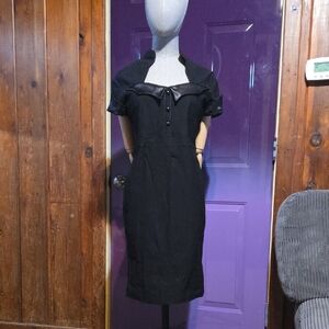Killstar XL 50's Bodycon Black Dress Bat Shape Satin Collar And Sleeve Cuffs